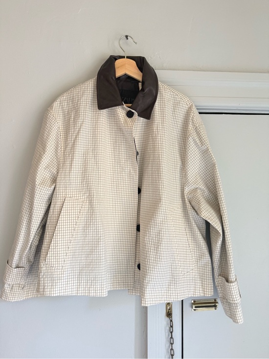 Zara Jackets & Blazers - Zara Cream Checked Trench Coat with Dark Brown Collar